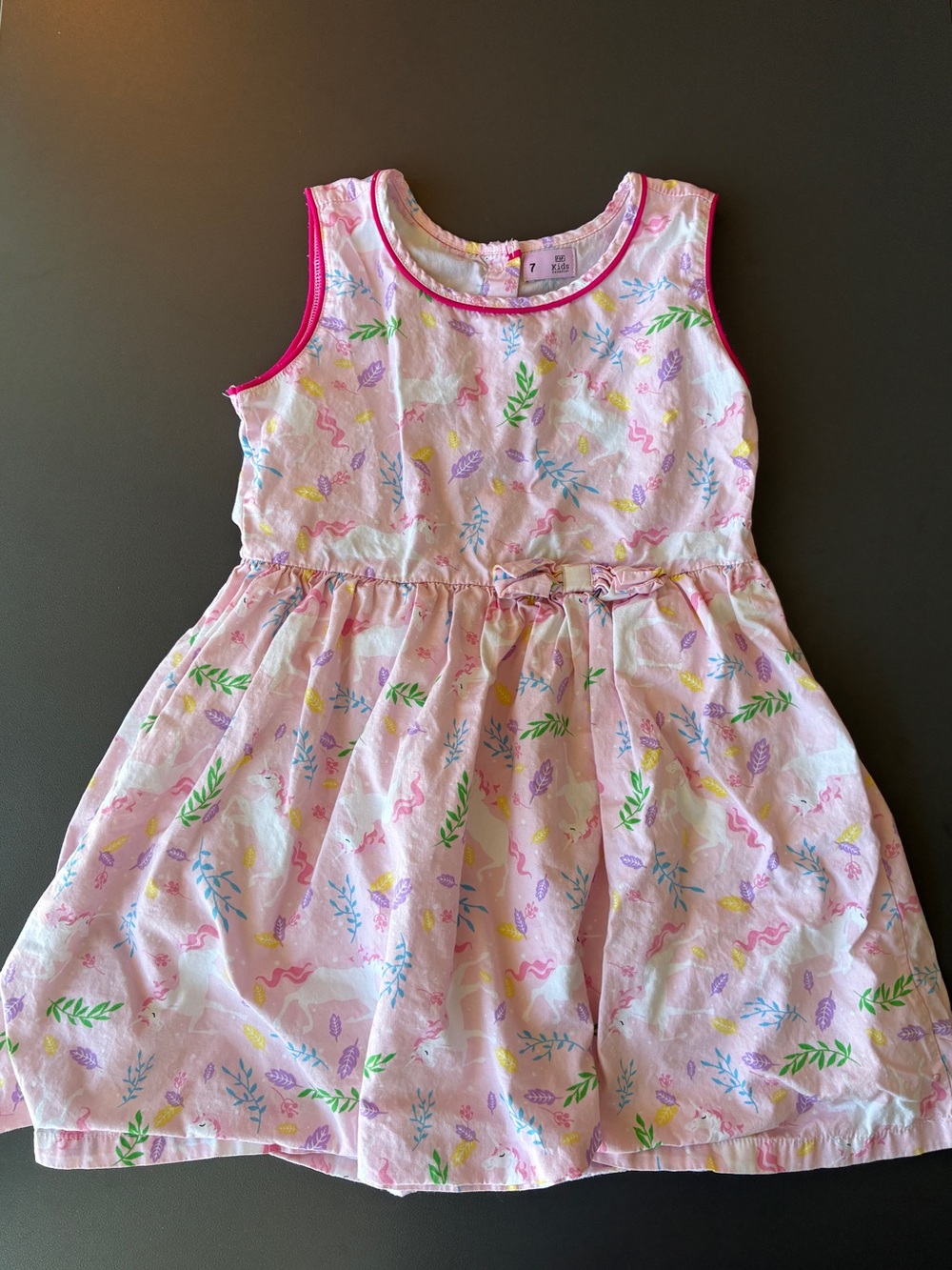 F&F Pink Girls Size 7 Unicorn Mystical Leaves Print Rainbow Sleeveless Dress Bow